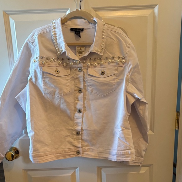 Ashley Stewart White Jean Jacket with Pearl Accents - Picture 1 of 6